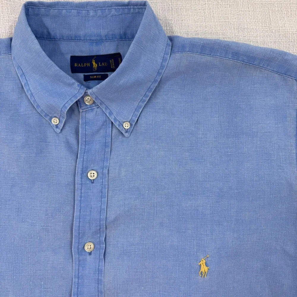 Ralph Lauren Linen Mens LT‎ Slim Fit Short Sleeve Button Down Shirt Light Blue